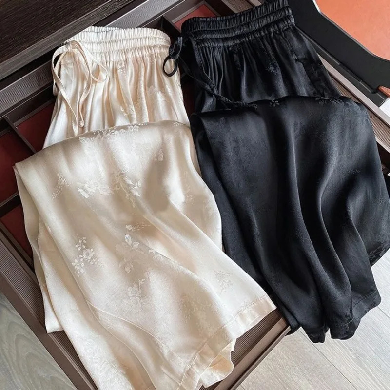 Acetate satin wide leg pants for women in summer silk casual sun protection chiffon floral Chinese style ethnic style pants 250410