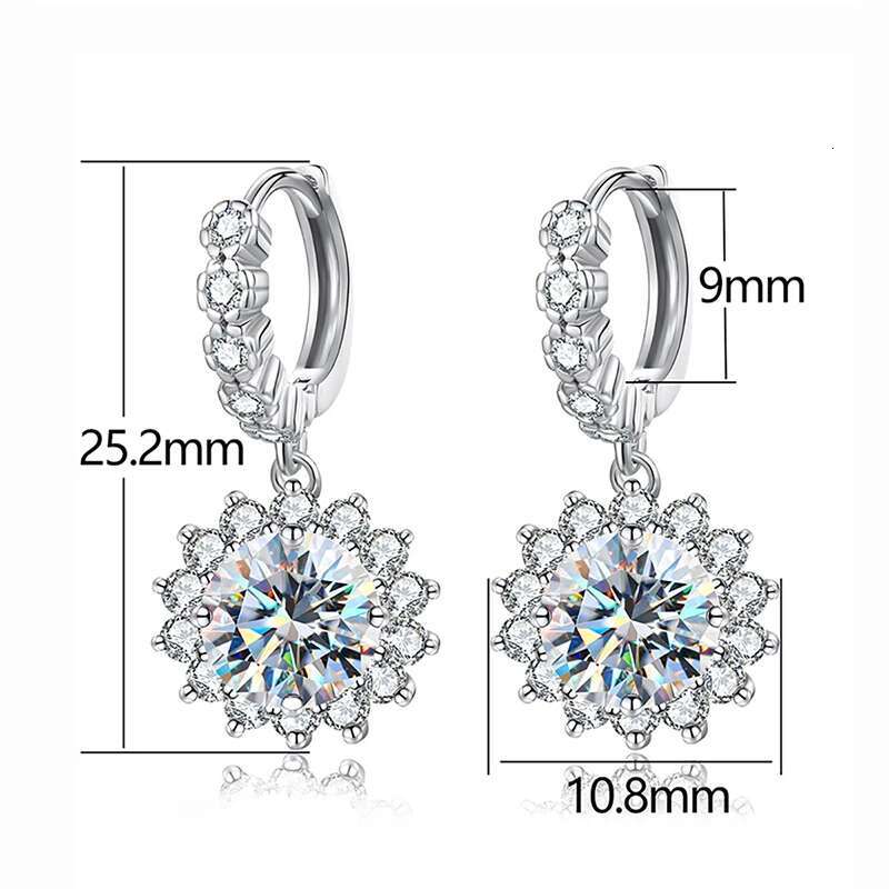 GRA 1-2CT Wedding Diamond Moissanite Sun Flower Earrings for Women with Certificate Real 925 Sterling Silver Luxury Fine Jewelry