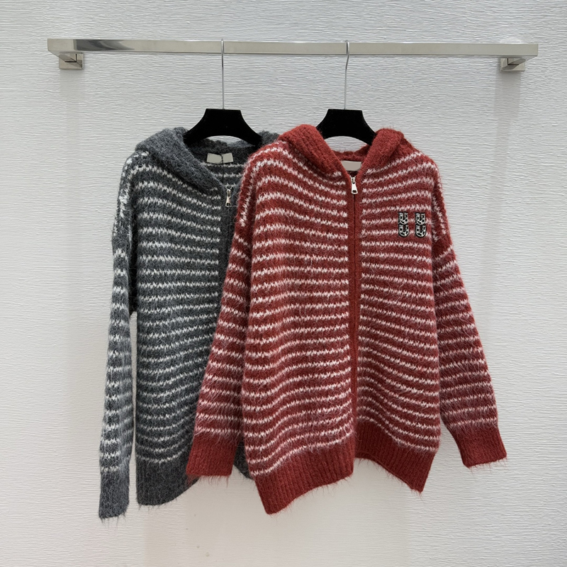 Brand Women Striped Hooded Jackets Slim Fit Vintage Preppy Versatile Casual Knitted Sweatshirts Winter Autumn Holiday Warm Thicken Zipper Cardigan