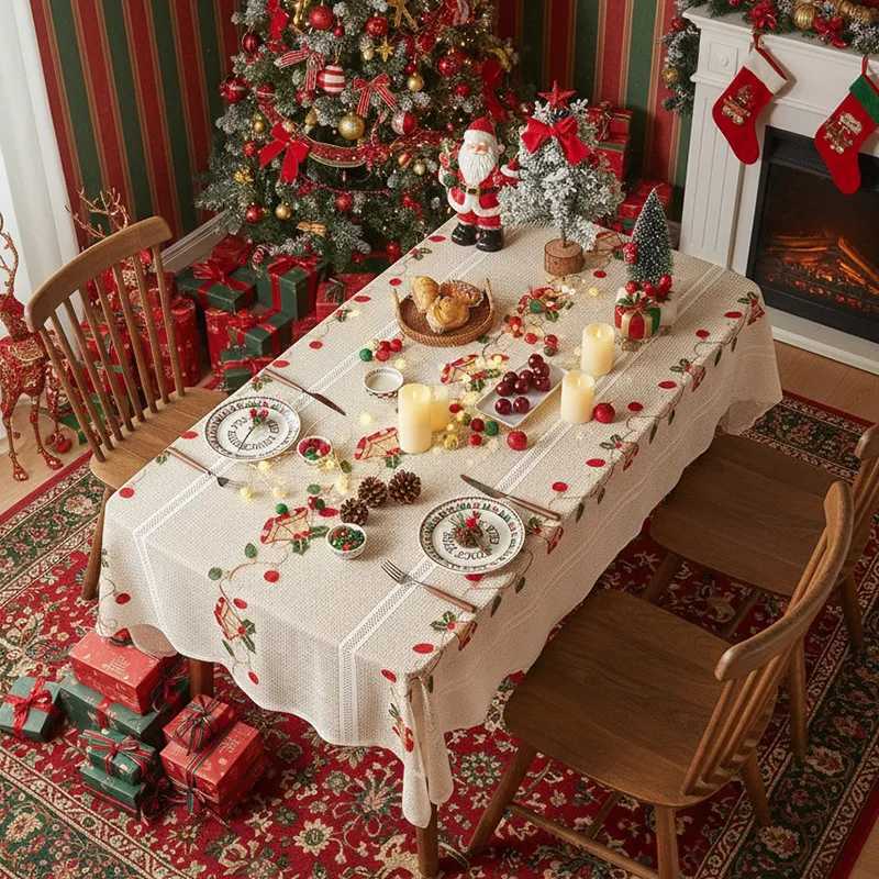 Christmas Christmas Lace Flower Tablecloth Embroidery Gauze Tablecloth Rectangular Party Dinner Decor Beige Tablecloth-7 Designs 3 Sizes Y251113