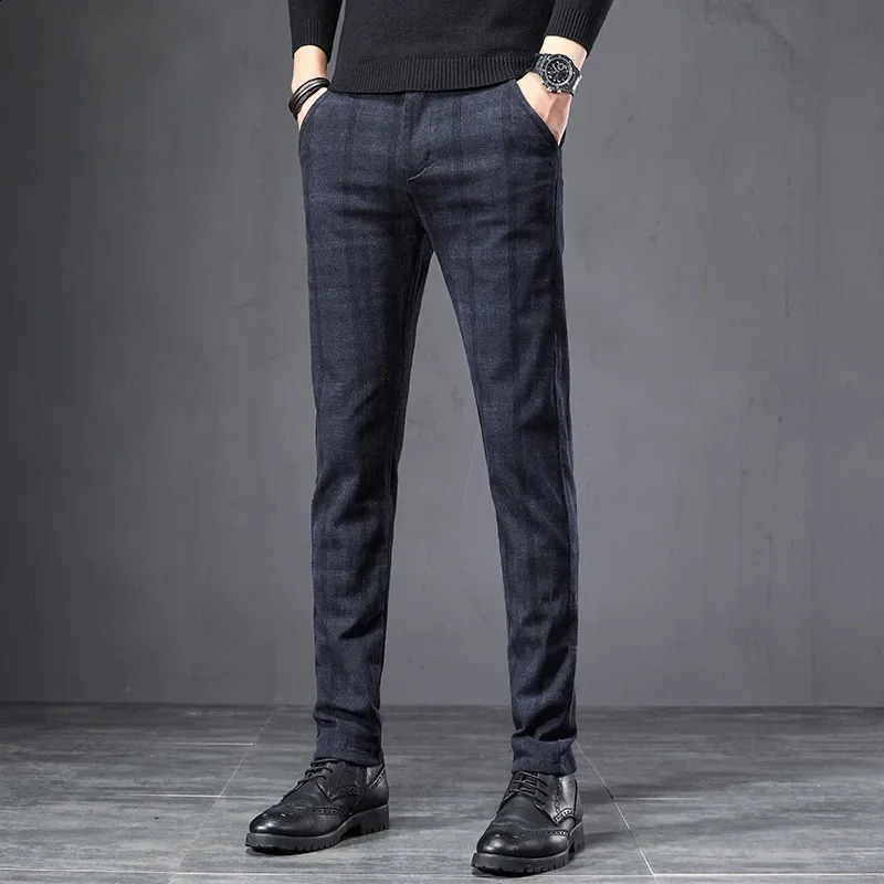 Autumn mens brushed flat bottom pants Korean style gray elastic straight slim fashion work pants blue and black men 250410