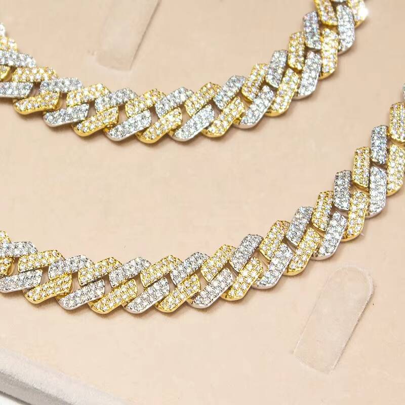 Birthday Gift Scintillating 18K Glad Plated Silver 15mm Two Tone Hip Hop Cuban Link Chain Moissanite