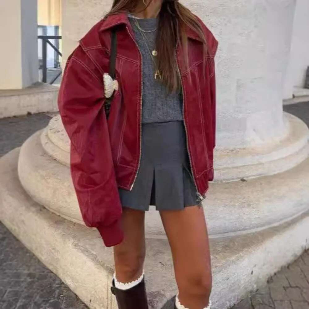 Fashion Patchwork Lapel Long Sleeve Coats Vintage Red Zipper Leather Jacket For Women 2025 Autumn Winter Female Casual Outerwear