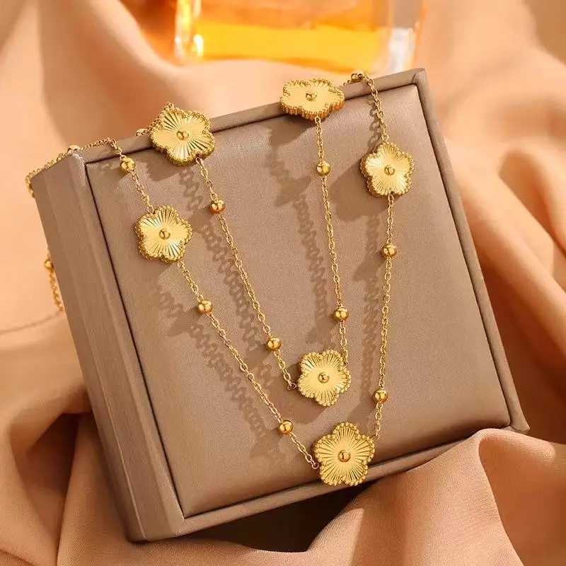 Luxury Fashion Double-Sided Laser Five-Leaf Flower Stainless Steel Double Necklace Women Gold Sweater Chain Party Daily Jewelry