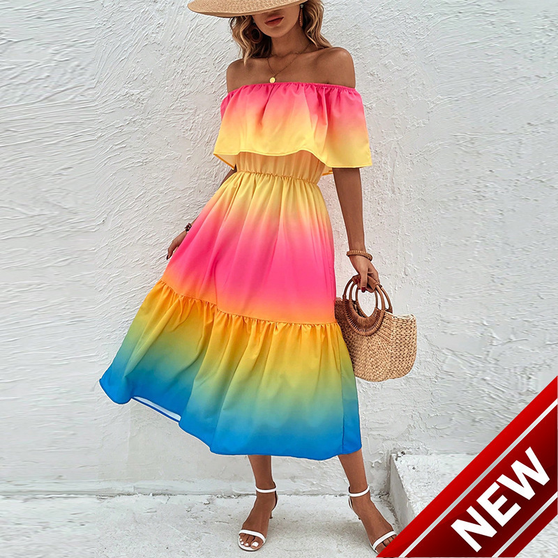 Fashionable and sexy rainbow colored one-piece lotus shoulder dress with pleats and A-line small swing skirt