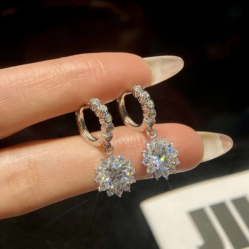 GRA 1-2CT Wedding Diamond Moissanite Sun Flower Earrings for Women with Certificate Real 925 Sterling Silver Luxury Fine Jewelry