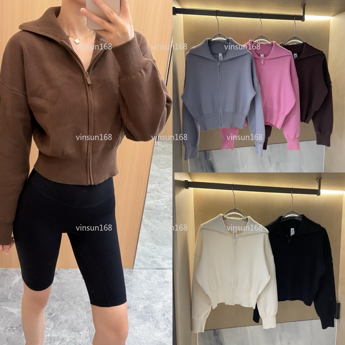 Designer Yoga Loose Casual Zipper Knitted Lapel Jacket Open Front Cardigan Cropped Hoodie Solid Color Versatile Knit Long Sleeve Sweater Women Outerwear Coats