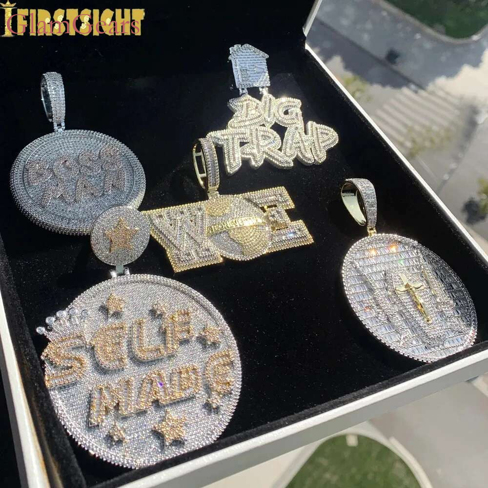 Letter Self Made Pendant Necklace Iced Out Bg 5A Zircon CZ Heavy Chunky Round Badge Charm Men Fashion Hip Hop Jewelry 241122