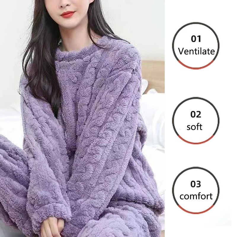 Thickened Warm Autumn and Winter Flannel Pajamas Women Long-Sleeved Solid Striped Homewear Black Plus Size School Loungewear 251112 - view 5