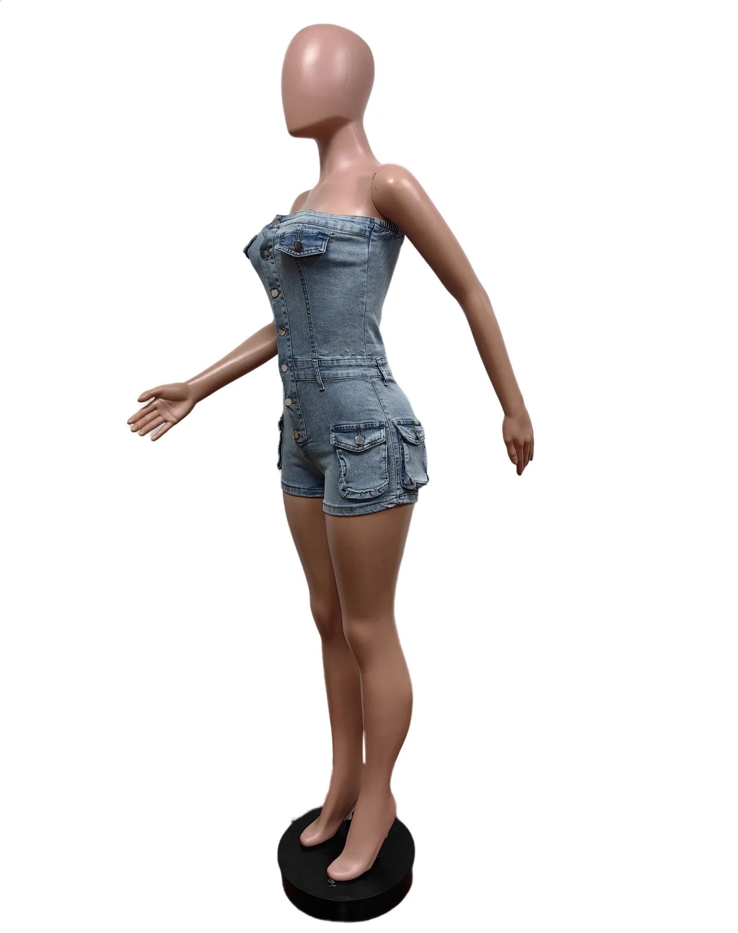 Womens casual sleeveless elastic denim jumpsuit womens fashionable onepiece set sexy shorts 250411