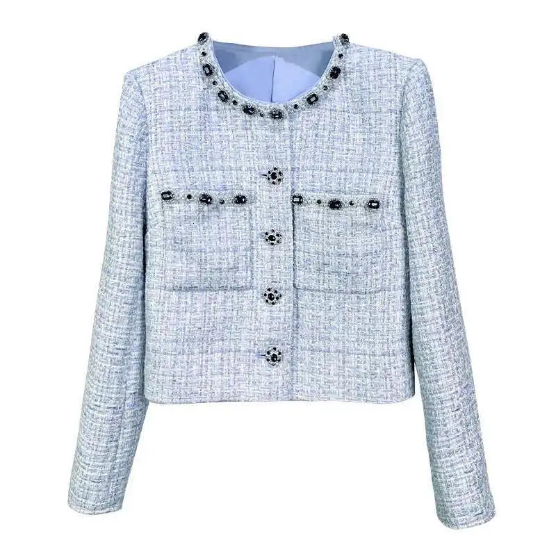 Crystal Tweed Dress 2 Piece Sets Women Tweed Jackets Blue Coats A Line Short Skirts Office Lady Work Retro Casual Outfits 251106