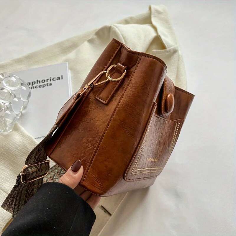 Vintage Simple PU Leather Bucket Crossbody Bags For Women Designer Handbagt Lady Black Shoulder Bag