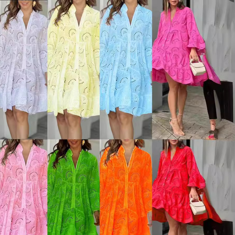 F410Embroidered Floral Sexy Dress in Summer Colors - Comfortable V-Neck Style