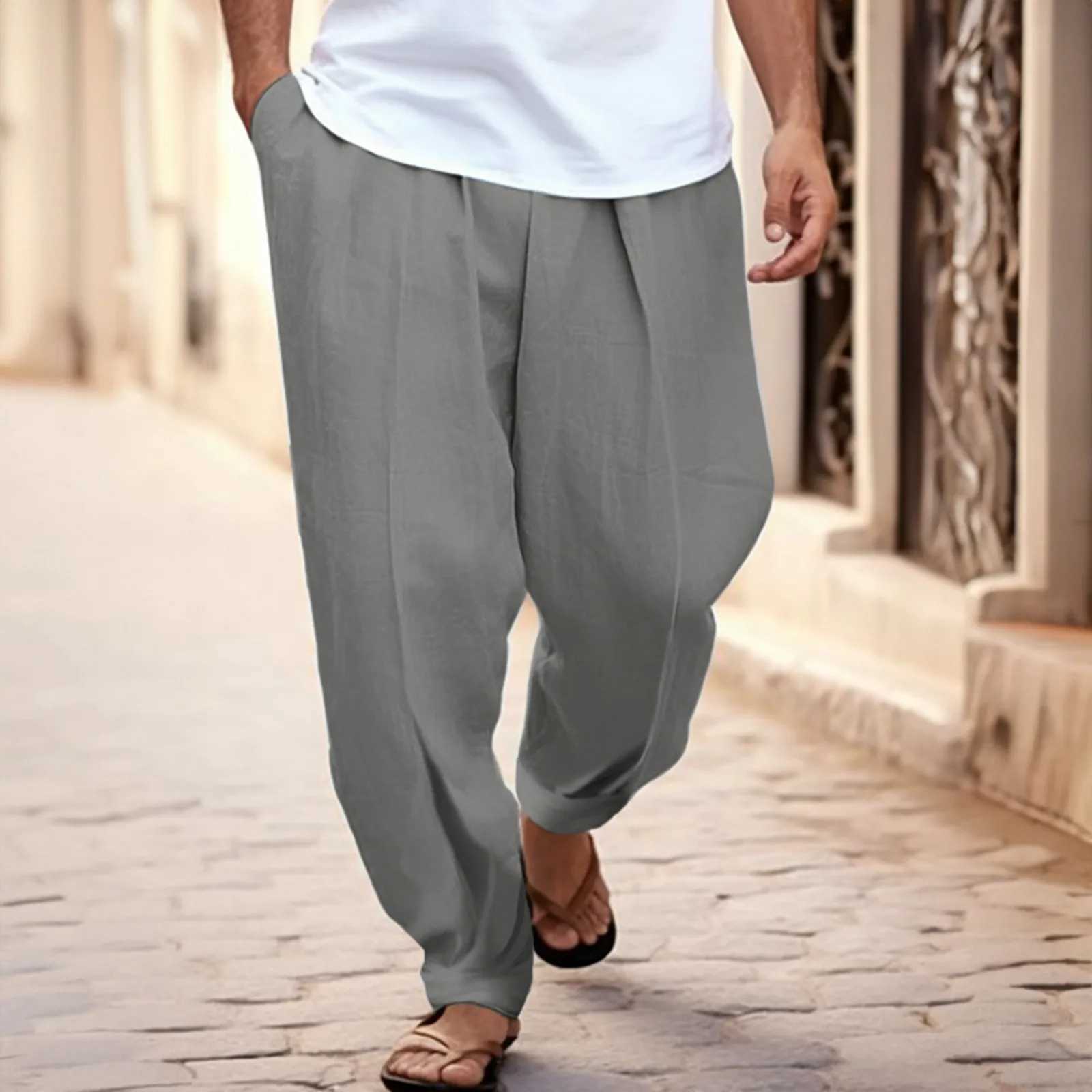 Mens solid casual pocket front pocket folding wide leg pants elastic waist belt loose pants mens loose casual pantsXJ250412