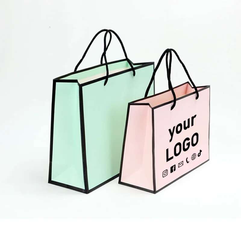 10Pcs Fresh Pink White Card New Simple Shopping Paper Wedding Party Gift Handheld Packaging Bag Customized