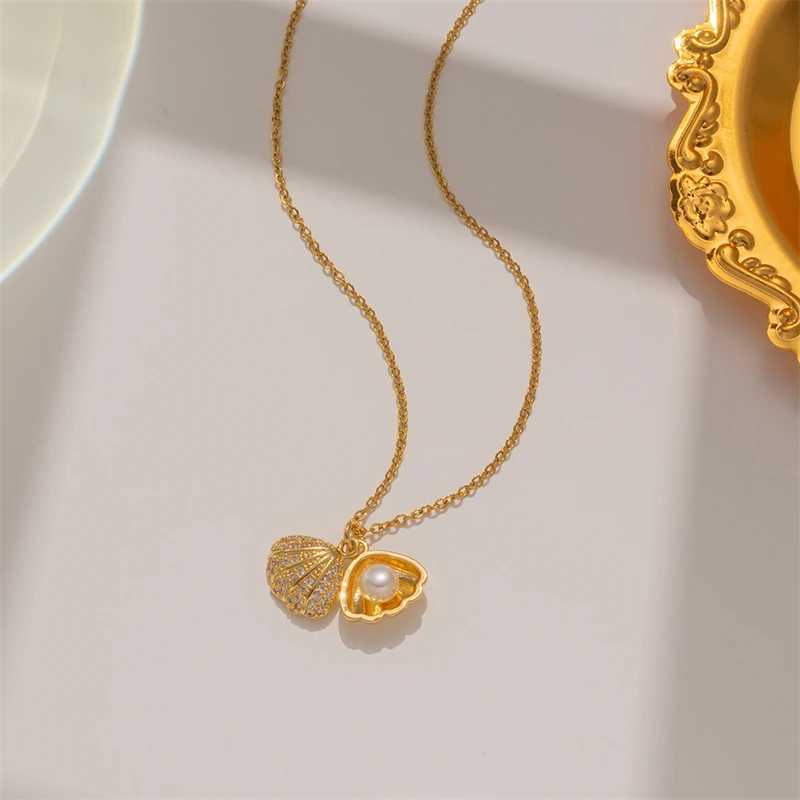 Summer Fashion Crystal Zircon Shell Imitation Pearl Pendant Necklace For Women Collar Beach Neck Jewelry Z250412