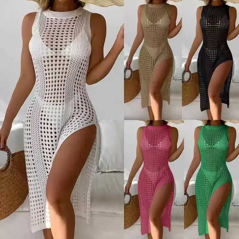 Womens holiday sexy cutout crochet cover swimsuit sleeveless bikini dress smock high slit beach knit solid swimsuitW251113
