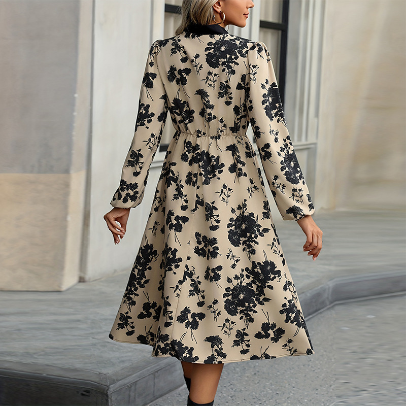 2025 Spring New Product Floral Dress Long Sleeve Collar Strap Mid length A-line Dress for Women