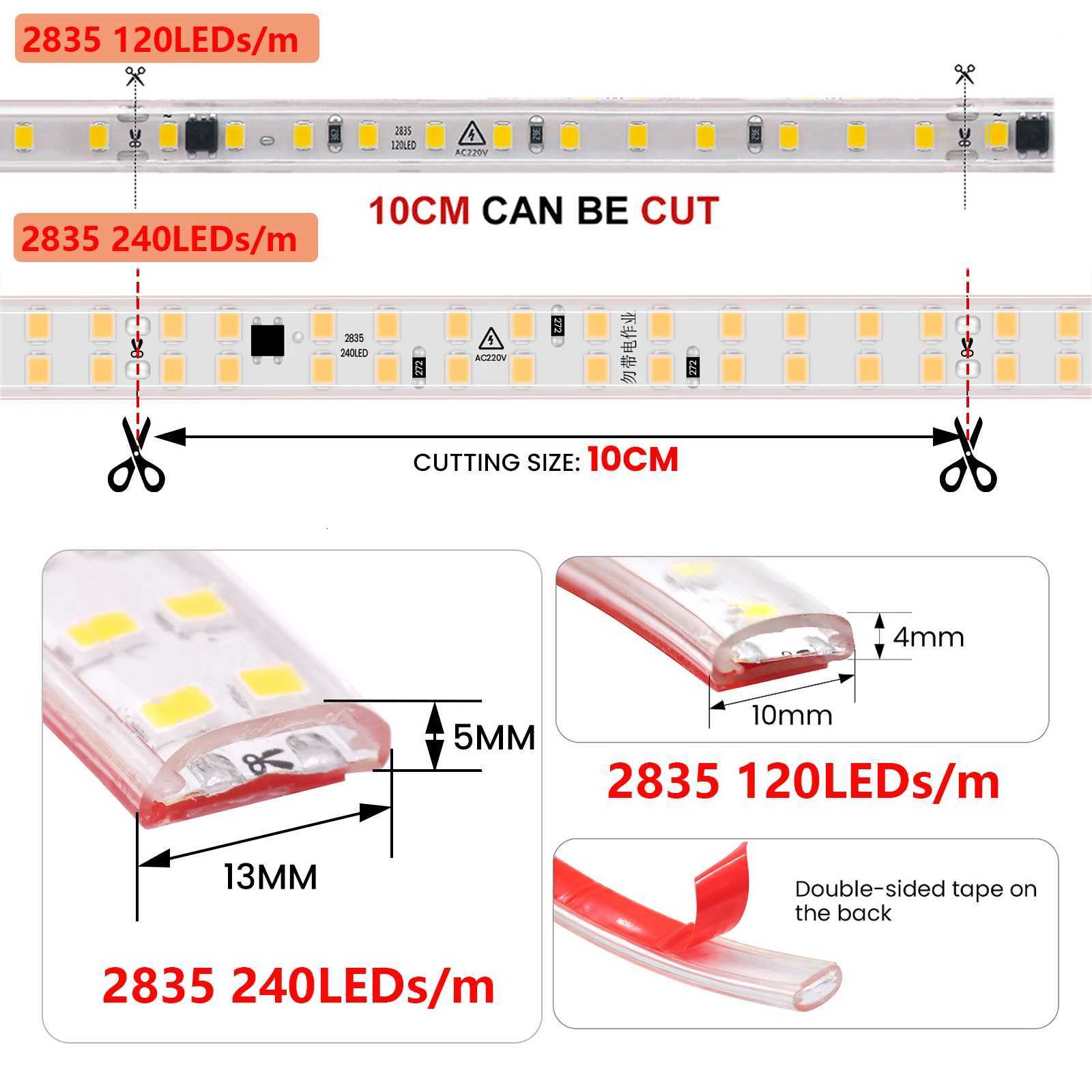 AC 220V LED Lights Adhesive Strip SMD 2835 05m-30m 120LEDs/m 240sLED/m Waterproof Outdoor LED Strip 10cm Cuttable Flexible Lamp W251112