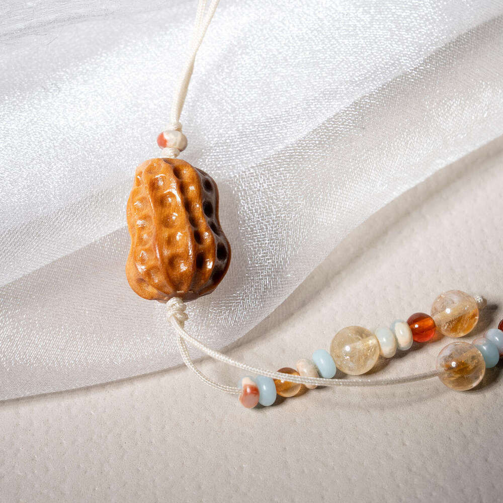 Dunhuang "Lucky Peanuts" Agate & Sandalwood Pendant - Natural Stone Wood Necklace for Good Fortune & Blessings
