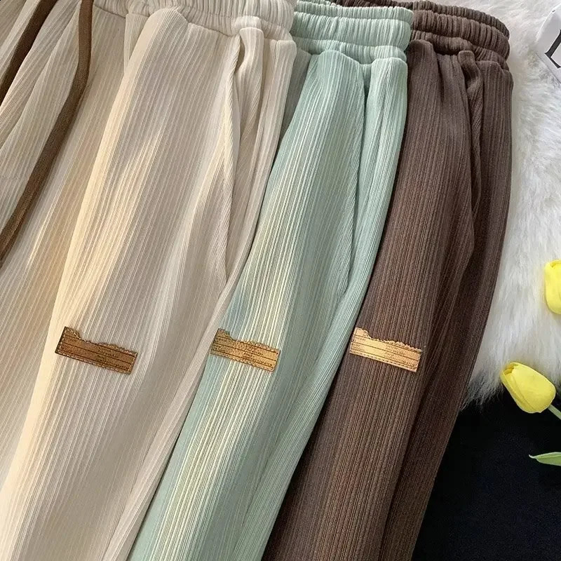 Summer Silk Pants Mens Loose Fit Straight Legs Wide Legs Korean Fashion Leisure Trousers 250410