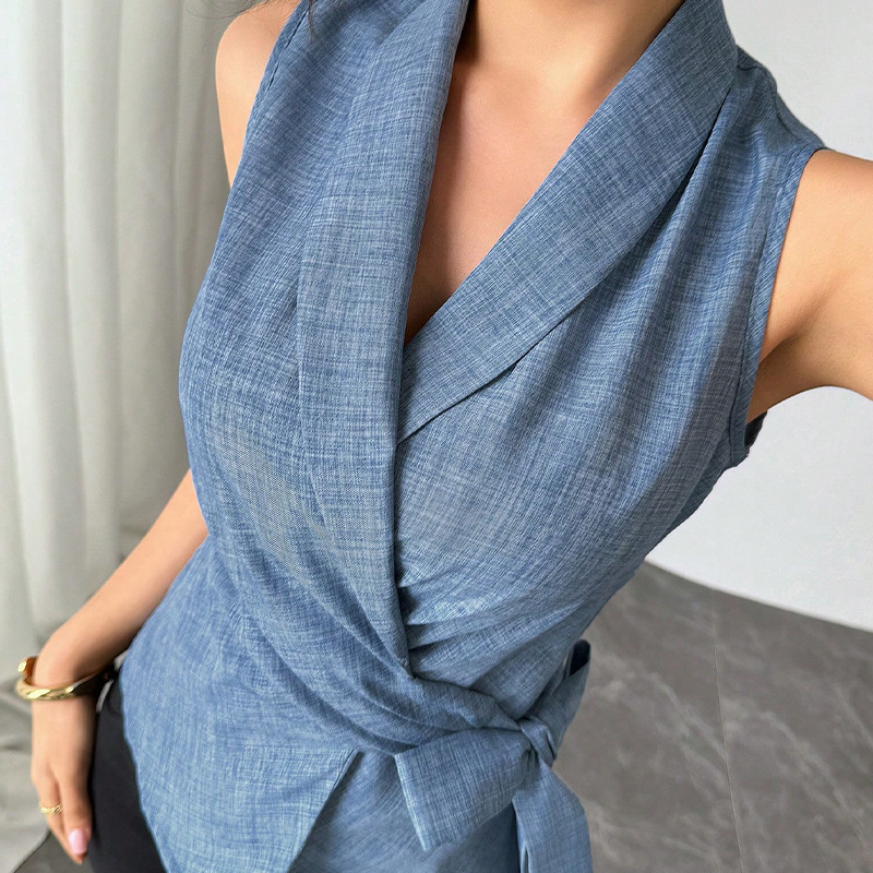 Wind sleeveless shirt 2025 summer temperament slim fit strap shirt cardigan womens clothing