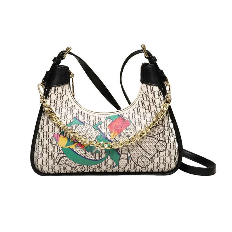 CHHC Simple Women's Shoulder Cute Animal Print Design Large Capacity Handbag Commuter Chain Bent Moon Bag