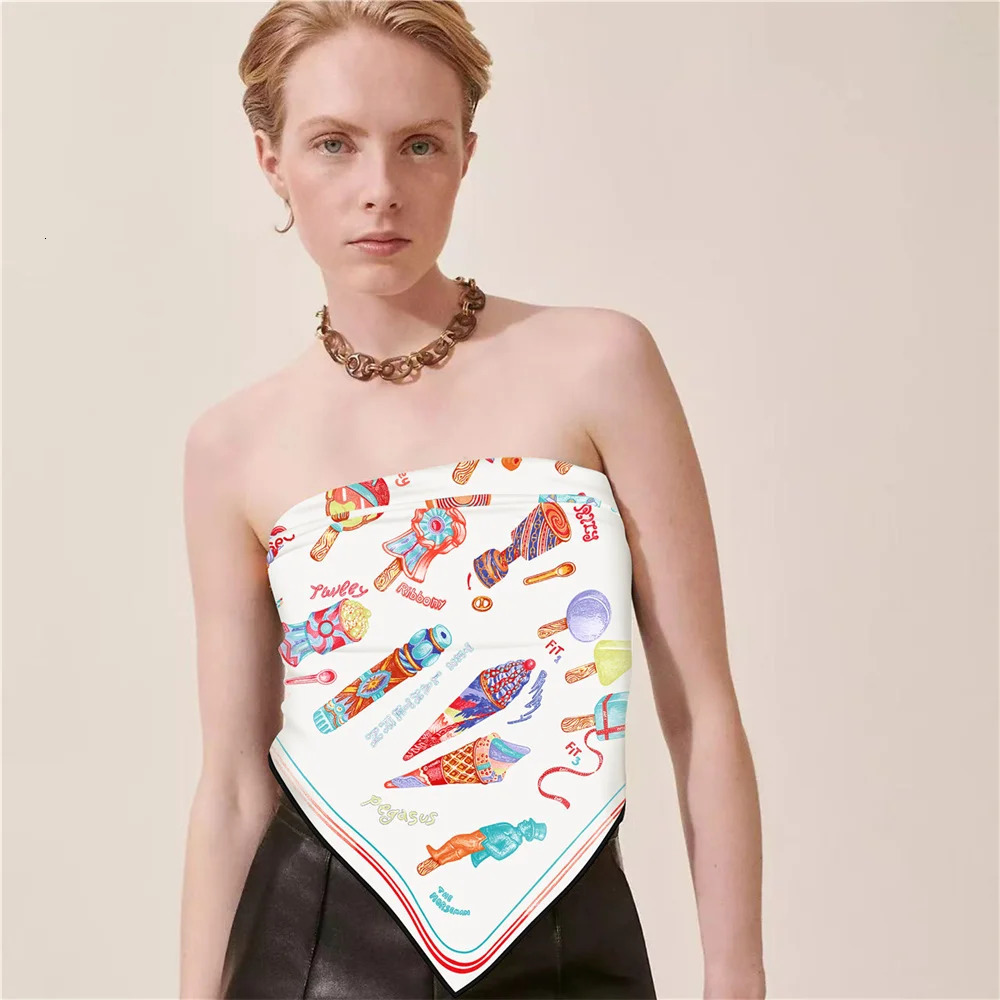 POBING Curled Twill Silk Scarf Women Funny ICE CREAM Double Side Printed Square Scarves Wraps Echarpes Foulards Femme Hijab 70CM 251110