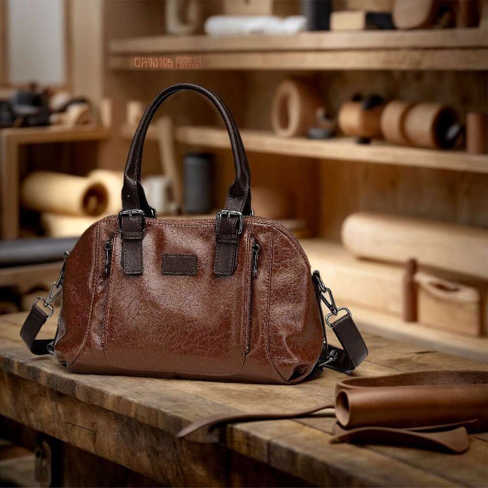 Fashionable handbag, shoulder, crossbody, oil wax three-layer leather, large capacity women's bag, single