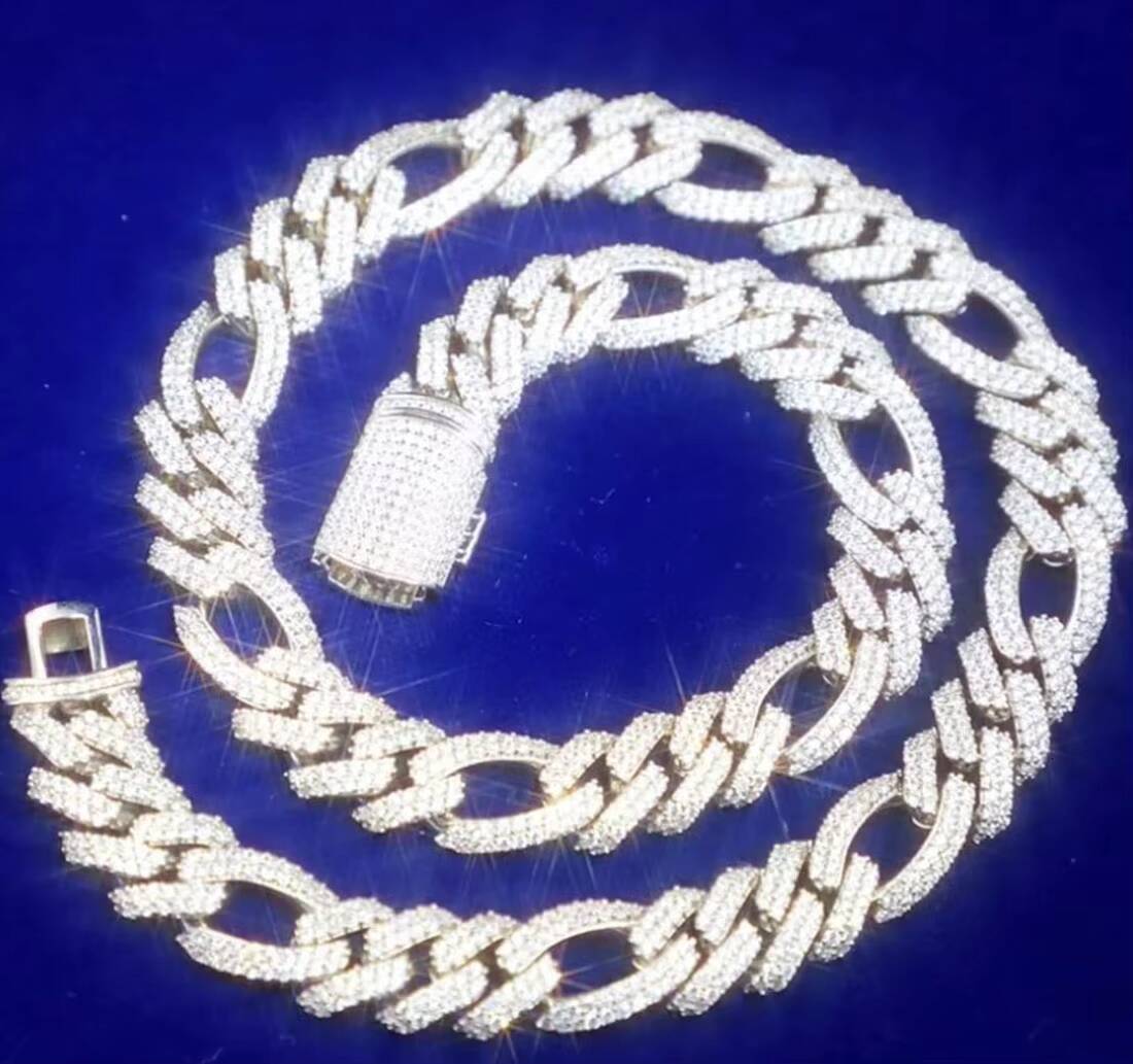 Hip Hop Jewelry Iced Out Prong Setting 13mm Silver VVS Moissanite Cuban Figaro Link Chain