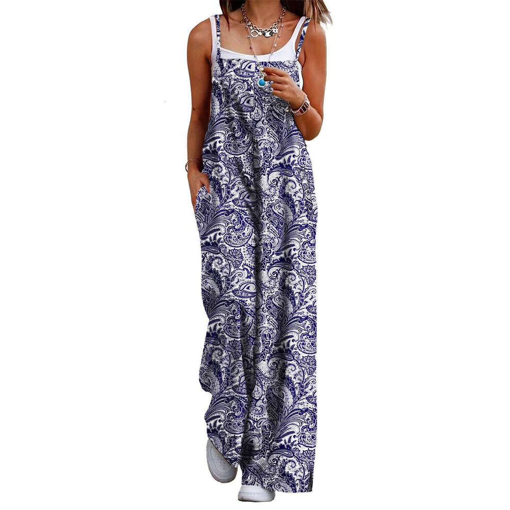 2024 new suspender printed pocket loose and versatile casual women's jumpsuit