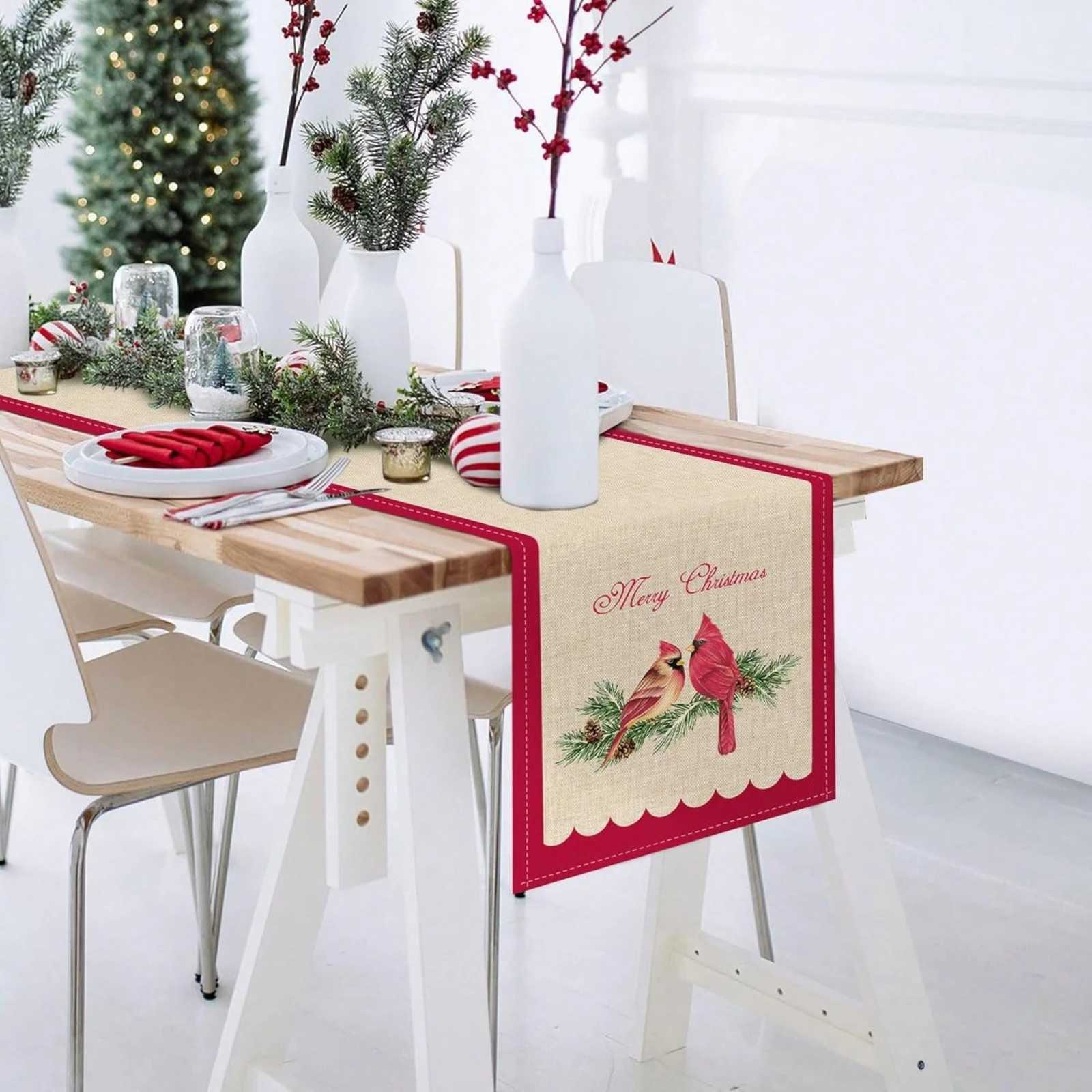 Christmas Christmas Table Runner With Red Bird On Pine Tree Winter Holiday Decor Kitchen Dining Table Decoration Home Party Table Flag Y251113