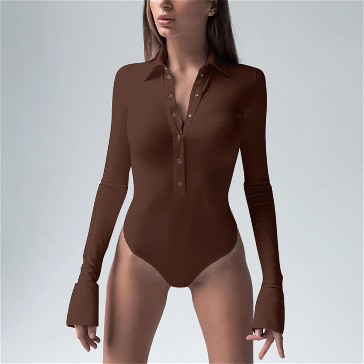 Womens sexy slim fit tight fitting 2025 long sleeved springsummer solid button jumpsuit polo neck basic casual Onesie 250411
