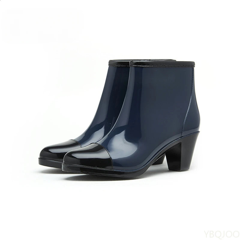 Ladies Chunky Heels Rubber Shoes er Rain Boots Women Waterproof Pvc Ankle Garden Work Boot Rainshoes Footwear 250410