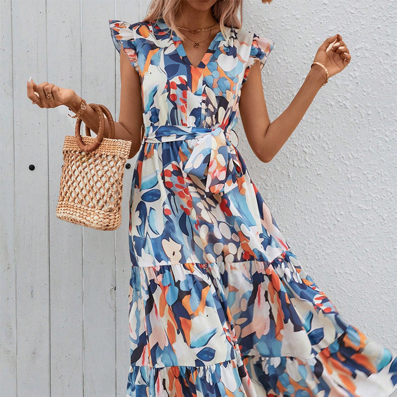 Bohemian vacation style dress 2025 summer lace sleeves cinched waist A-line mid length skirt