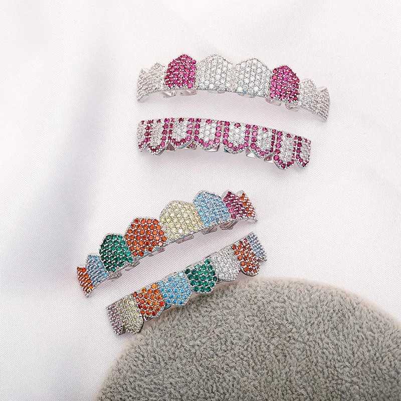 Hip Hop Colored Zircon Pave Sparkling Ice Out Flat Teeth Grillz Top Bottom CZ Dental Grill Male Rapper Jewelry Gold SilverXJ250412