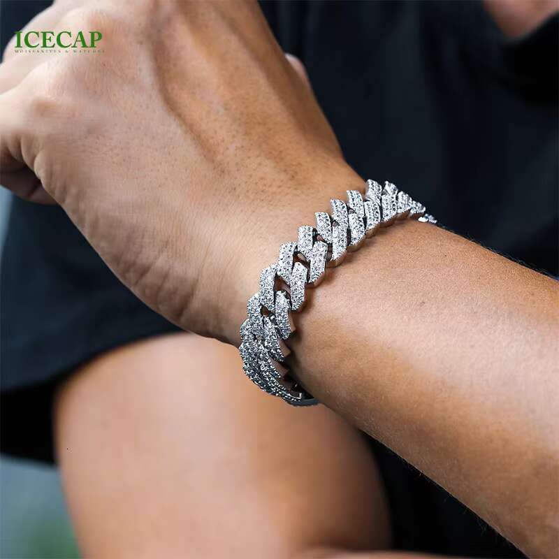 14mm 2 Rows High Quality D Color Moissanite Bracelets Pass Diamond Tester 925 Silver Hip-hop Style Cuban Bracelet