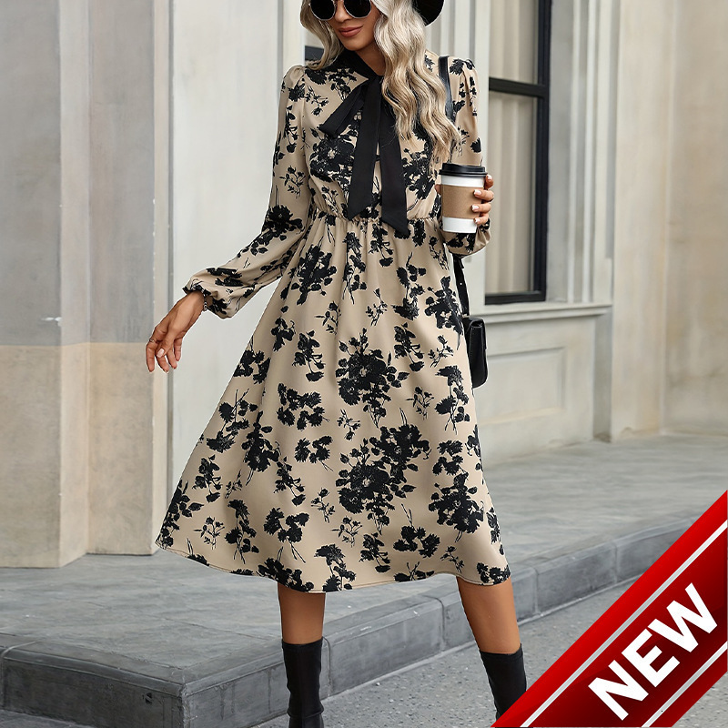 2025 Spring New Product Floral Dress Long Sleeve Collar Strap Mid length A-line Dress for Women