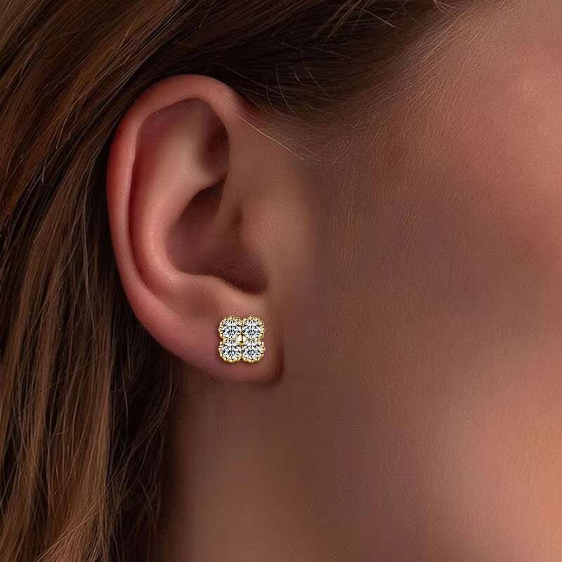 GRA Certificated 925 Sterling Silver Stud Earrings with Moissanite Lucky Four Leaf Clover Design for Womens Wedding Jewelry