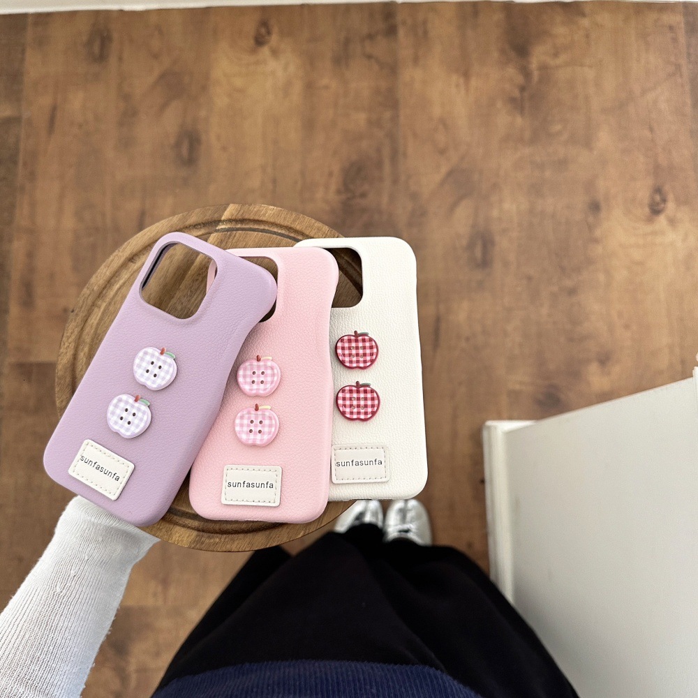 Leather Apple Button Phone Case Compatible with iPhone 16 Pro Minimalist Solid Color Shockproof iPhone 15/14/13 Cartoon Protection