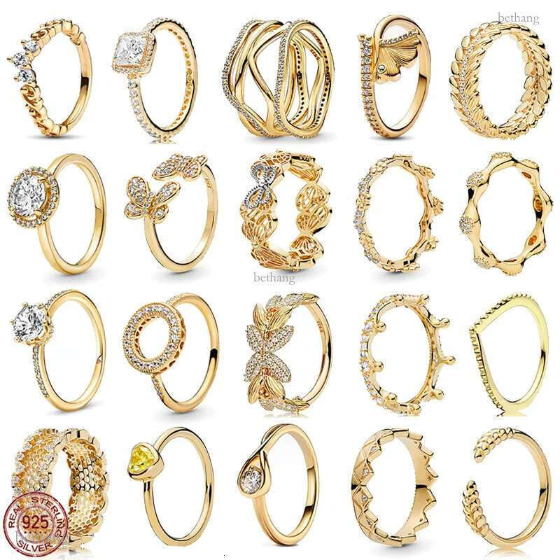 925 Sterling Silver New Fashion Women's Ring Golden Series Ginkgo Leaf Heart-shaped Honeycomb Butterfly Ring