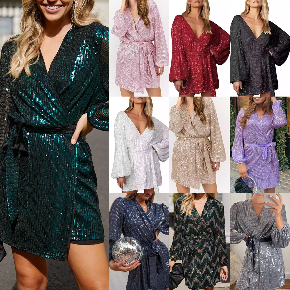 2025 New Glitter Mini Wrap Dress Womens V-neck Long Sleeve Bubble Sleeve Sparkling Surrounding Party Clothing