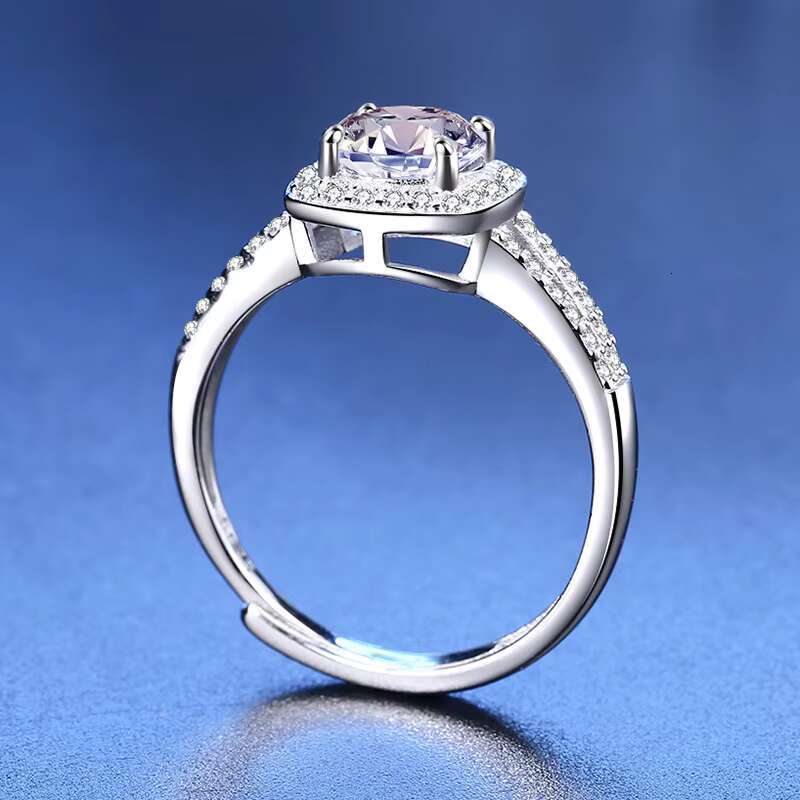 Classic Womens S925 Silver Six-Prong Double Row Square Moissanite Ring Fashion Gemstone Wedding Ring