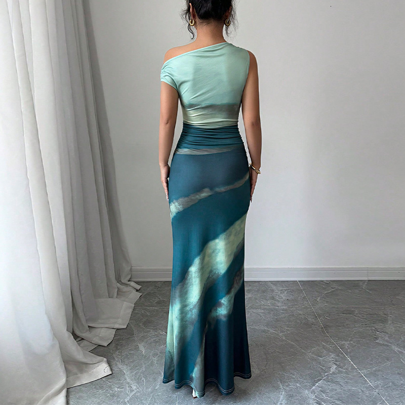 Womens clothing 2025 summer new color blocking slim fit dress with slanted shoulders long skirt