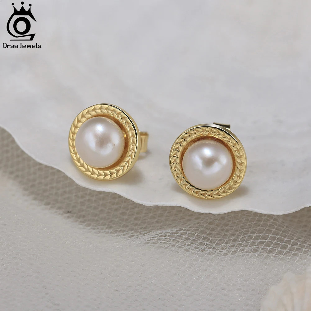 ORSA JEWELS 14K gold-plated pure silver pearl stud earrings natural pearl necklace perforated jewelry with cubic zirconia GPE98 250409