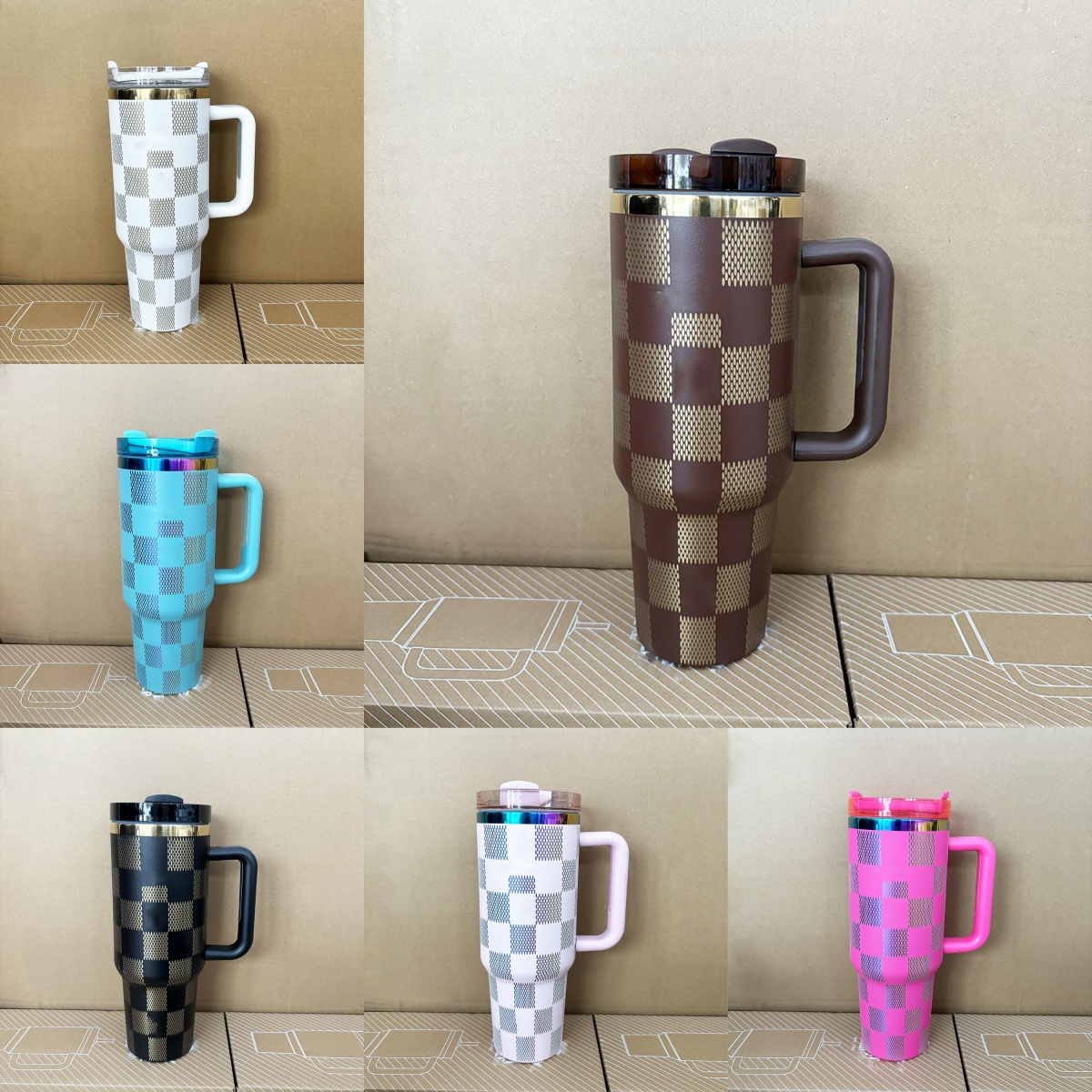 40oz Water Bottle Stainless Steel Insulated Cup With Straw and Lid Large Capacity Coffee Cup for Camping Thermos Tumbler with Handle Chessboard Chequer