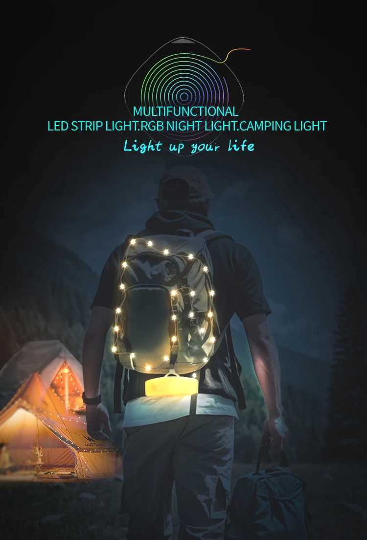 GGbingo LED Camping Strip Light RGB Smart APP Waterproof Light USB Rechargeable Storable Atmosphere String Lamp for Outdoor Tent W251112