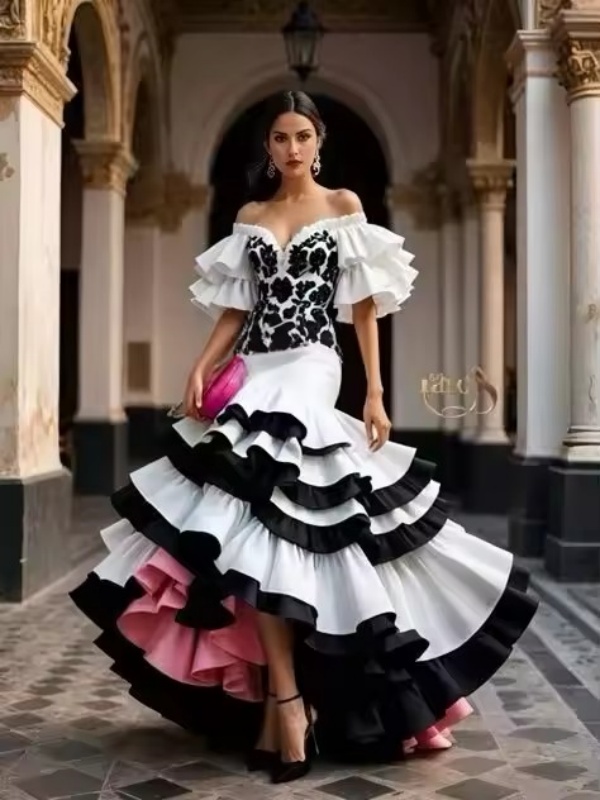 Customized 2026 Black White Mermaid Long Evening Formal Dresses Off Shoulder Ruffles Skirt Flamenco Elastic Prom Gowns