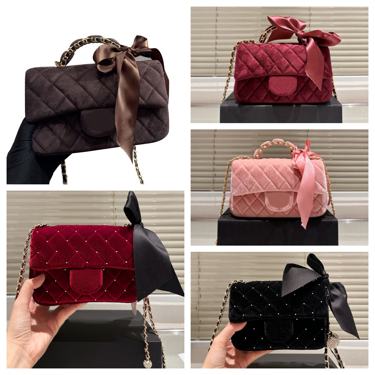 New Designer Woolen Handbag Chain Bag Women's Single-Shoulder Crossbody Bag 25K Bow Bag Flip-Top Clutch Elegant Women's Luxury Evening Bag Velvet Wallet With Box
