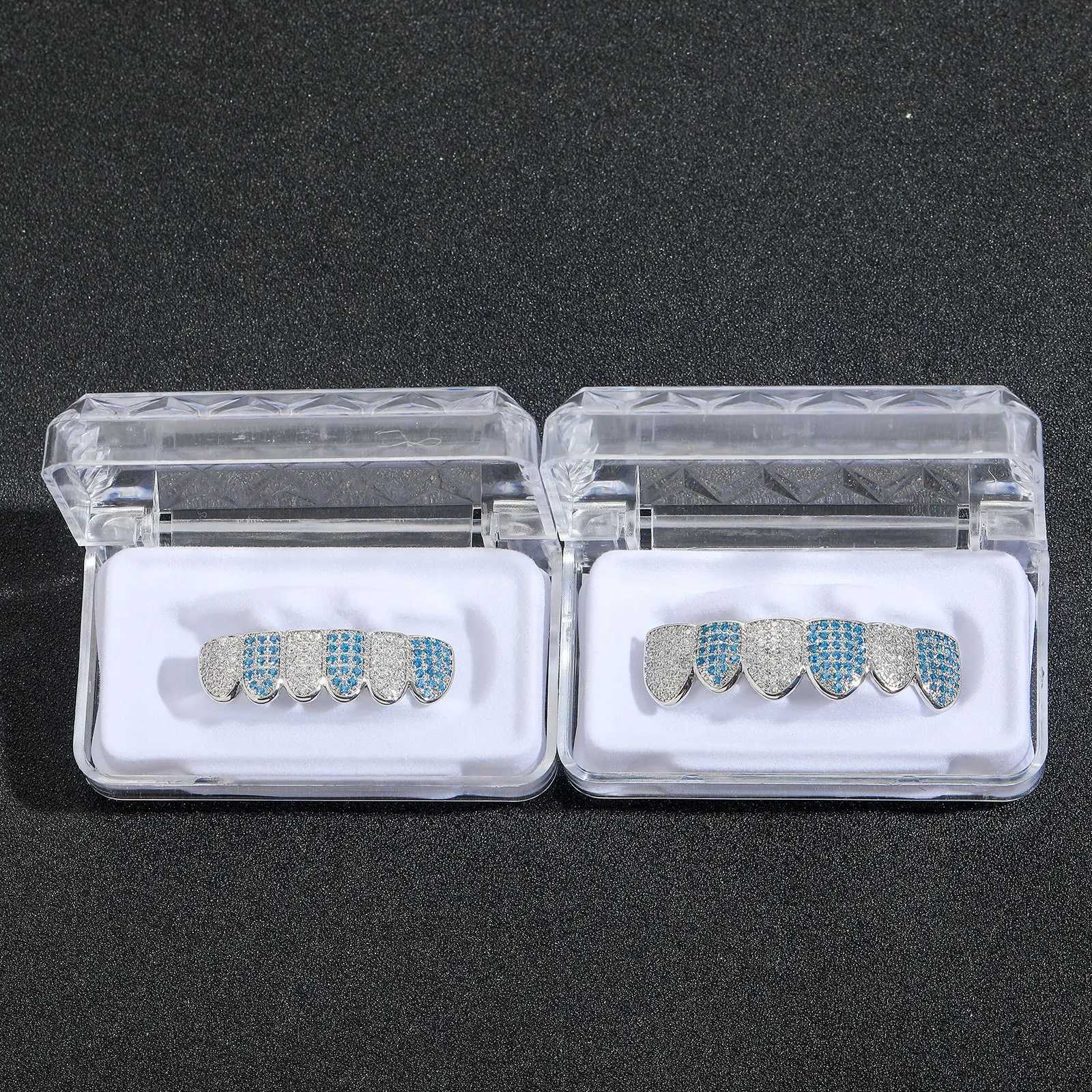Ailodo Hip Hop Teen Grillz for men and women sparkling white blue cubic zirconia ice out grill a Christmas gift for your teethXJ250412